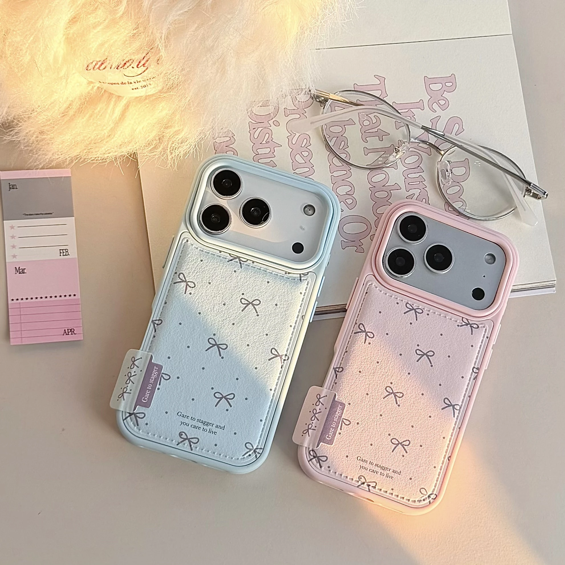 

Back Cover For IPhone 13 14 15 16 Pro Max 17 Pro Case Blue Pink Polka Dot Bow Pu Leather Shockproof Phone Case