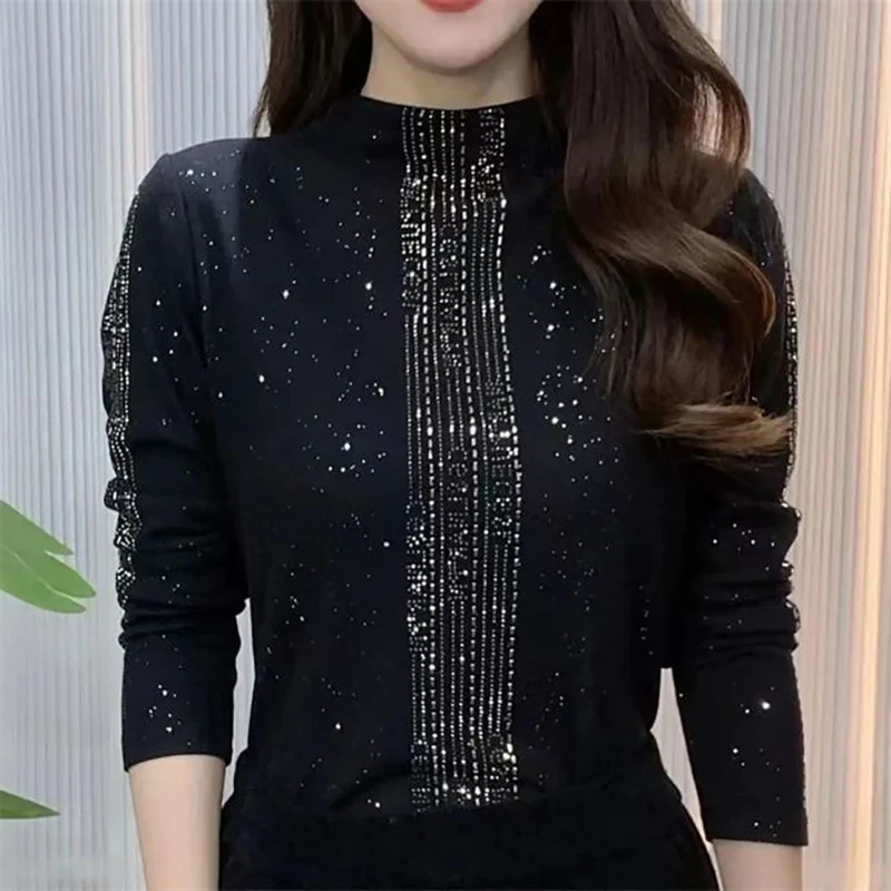 Fashion Stand Collar Sequined Spliced Diamonds Blouses Women\'s Clothing 2023 Autumn Winter Loose Commuter Tops All-match Shirts