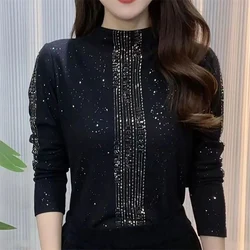 Fashion Stand Collar Sequined Spliced Diamonds Blouses Women's Clothing 2023 Autumn Winter Loose Commuter Tops All-match Shirts