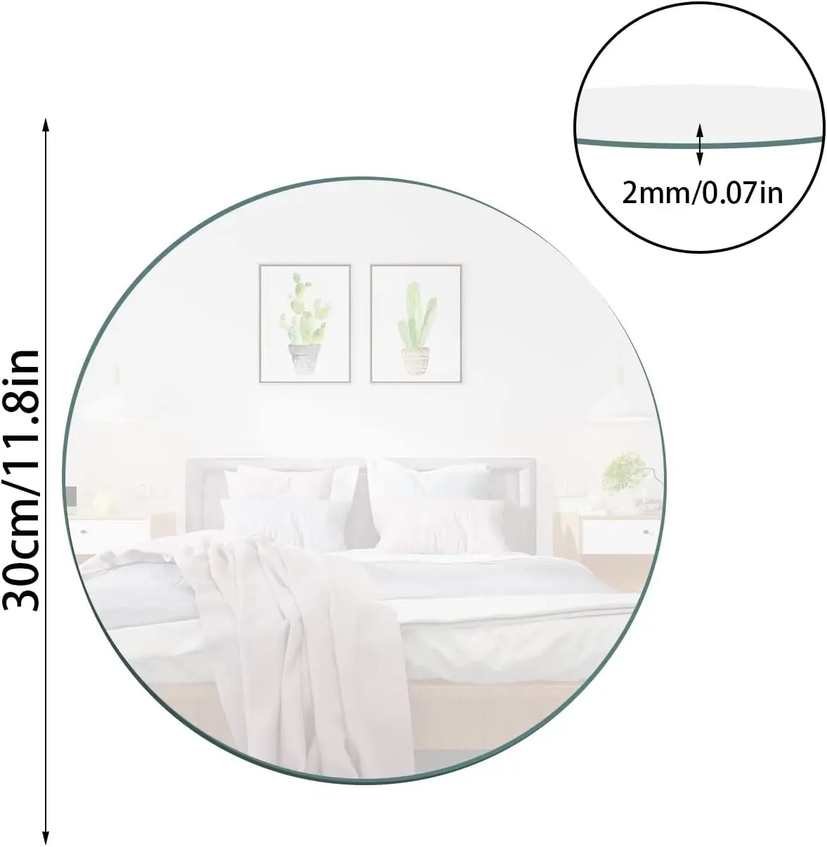 12''   Round Glass  Self Adhesive  HD Large Makeup  Frameless Decoration Wall  for Bathroom, Bedroom, Vanity etc, Round  Tray fo