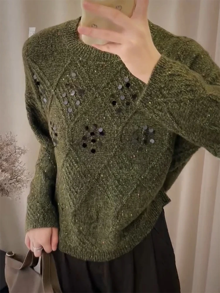 

Korean Sle Sequin Patchwork Sweater Commute Versatile Slimming Top Large Size Autumn Winter New Arrival Warm Long Sve