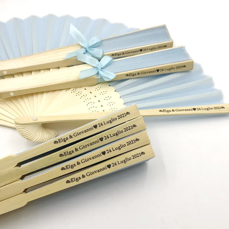 25/30/50/80/100PCS Personalized Wedding Silk Fan Tie Ribbon Customized Printing Name Date Handmade Folding Fan
