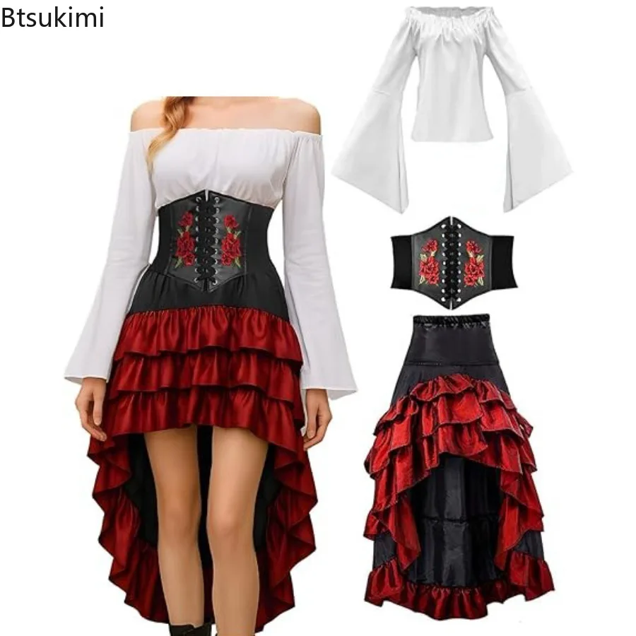 

Retro Medieval Renaissance Female Costume 3-Piece Set Gothic Ruffle Skirts Cosplay Pirate Halloween Party Performance Costume