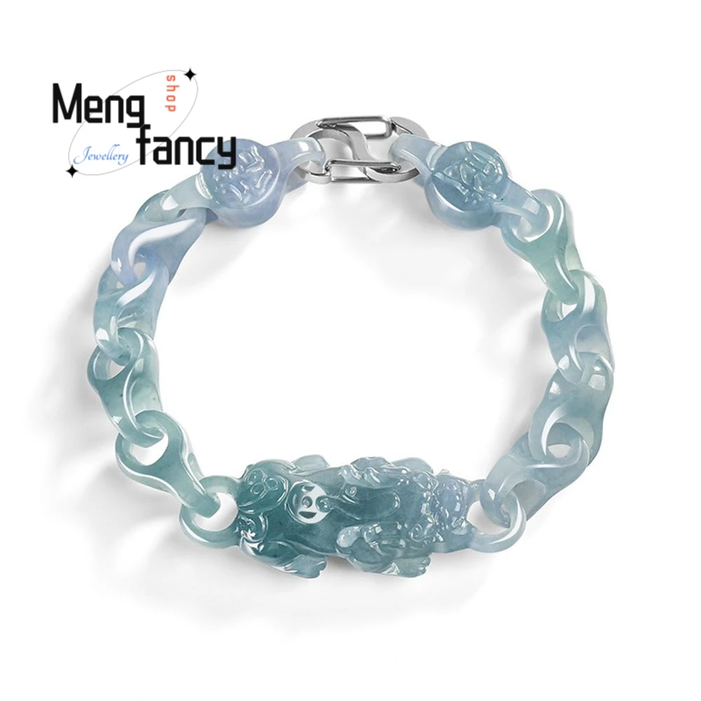 

Natural A-grade Jadeite Blue Water PI Xiu Interlocking Ice-type Jade Bracelet High-grade Exquisite Couple Luxury Fashion Jewelry