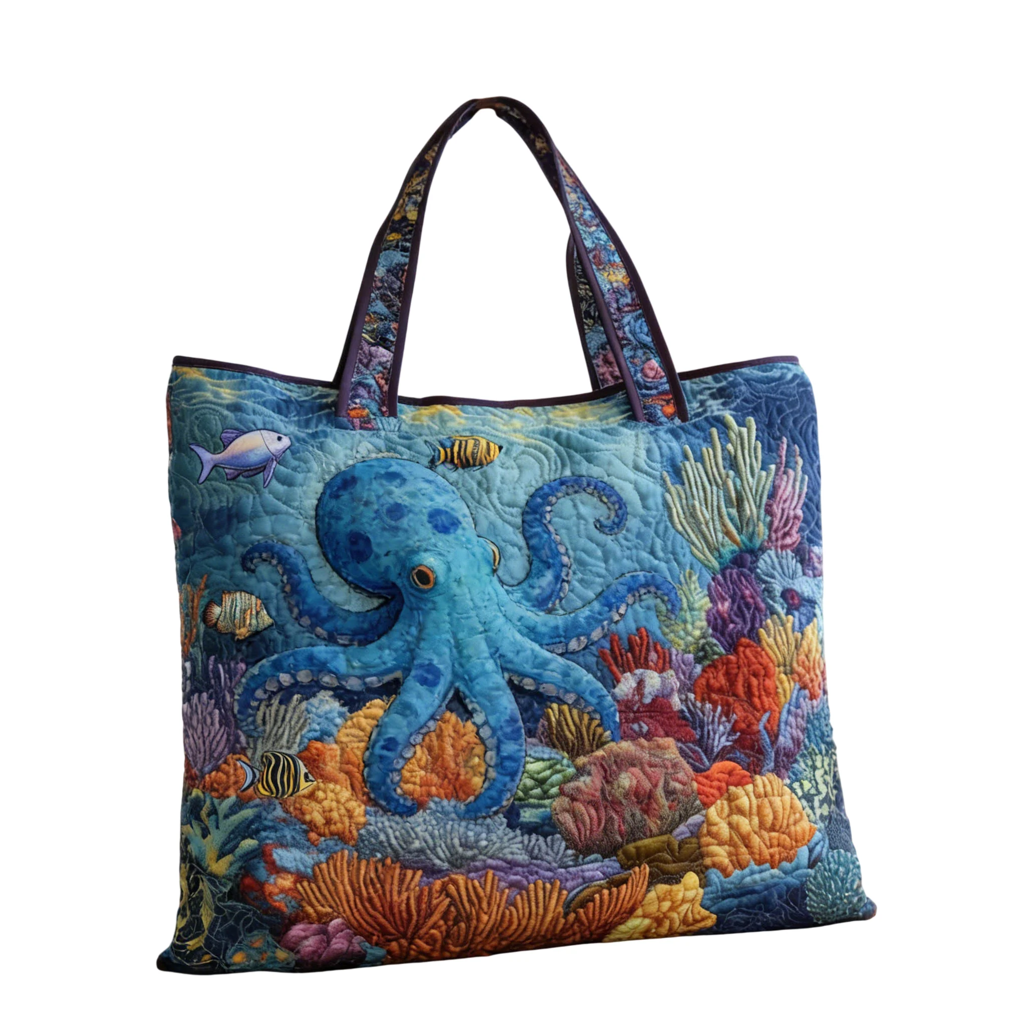 Quilted Beach Tote Bag Ocean Octopus Coral Reef Durable Reusable Shoulder Bag for Travel Shopping Daily Use