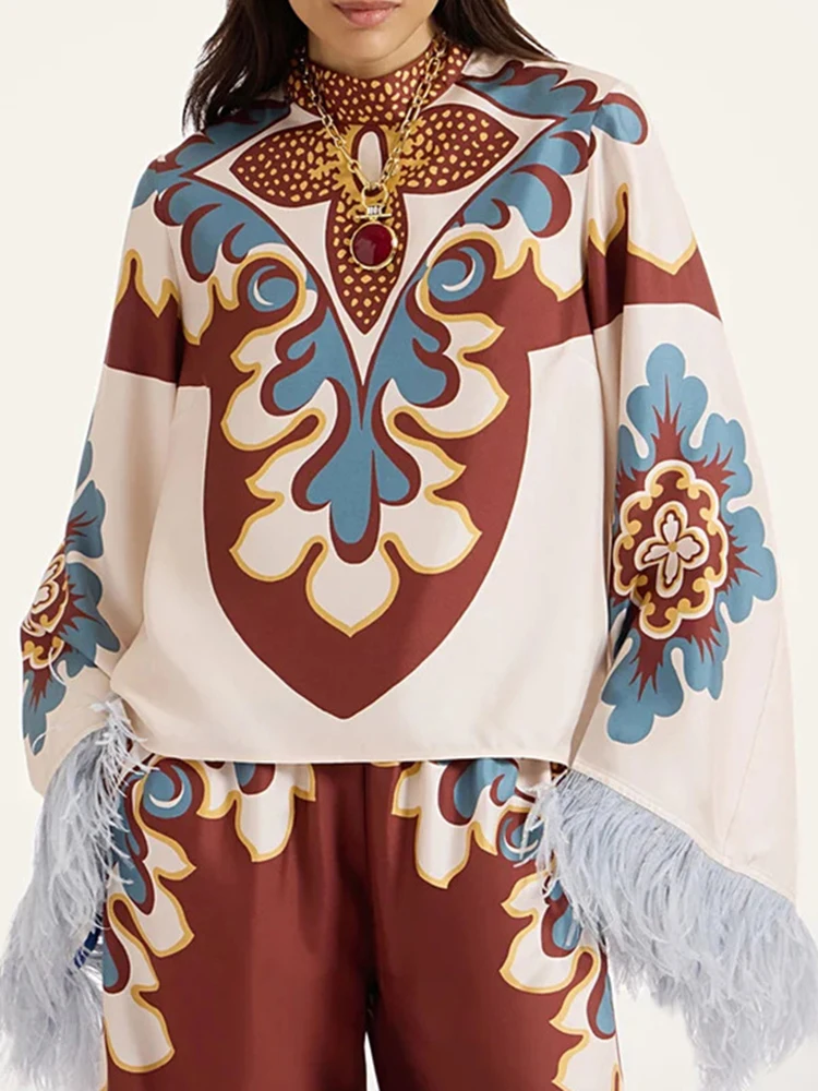 

Свободные наряды в этническом стиле с винтажным узором и принтом, элегантные женские комплекты с рукавами из перьев, повседневный комплект из топа и брюк с высоким воротником