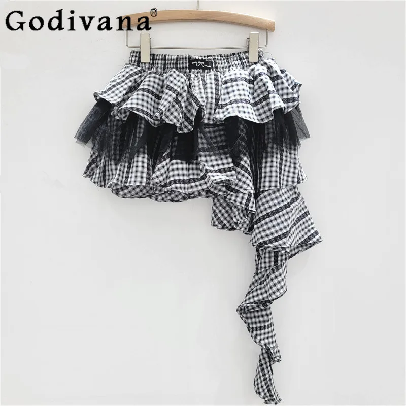 

Black White Plaid Irregular Splicing Lace A-line High Waist Cake Skirt Summer Girls Fashion Loose Versatile Age Reduction Skirts