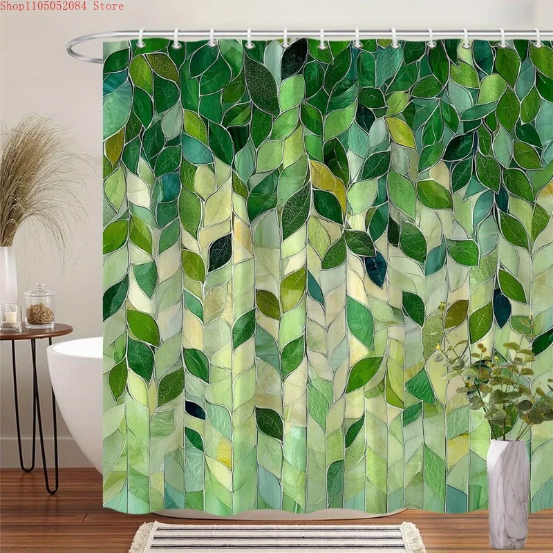 1pc abstract green leaves shower curtain vertical mosaic  -   With Hooks Waterproof Mildew Proof Easy Install Washable