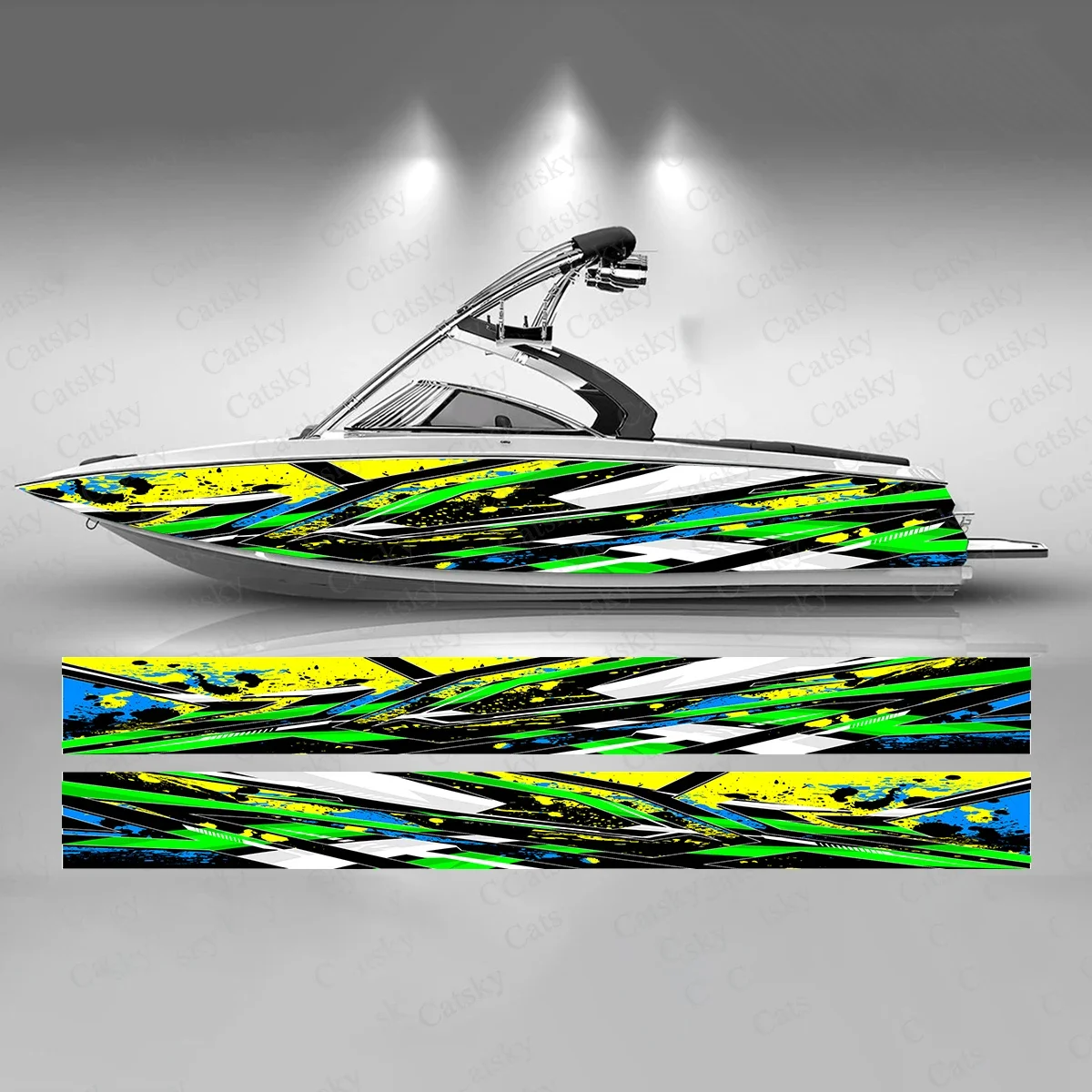 Yellow Blue Stripes Colorful Boat Sticker Fashion Custom Fish Boat-Sticker Vinyl Waterproof Boat Wrap Graphic Boat Wrap Decal