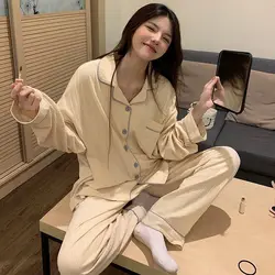 Korean Sleepwear Women Pajama Sets Autumn Pants Sets 2 Pieces Solid Piiama Night Wears Long Sleeve Pocket Casual Home Suit New