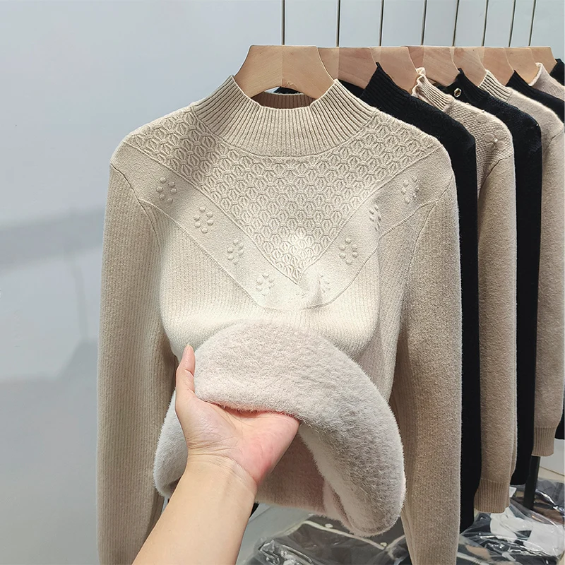 

Thiened f-High Collar Inteated Fce Свободный женский свитер Long Sve Внутренняя одежда Base irt Осень Зима Новый топ