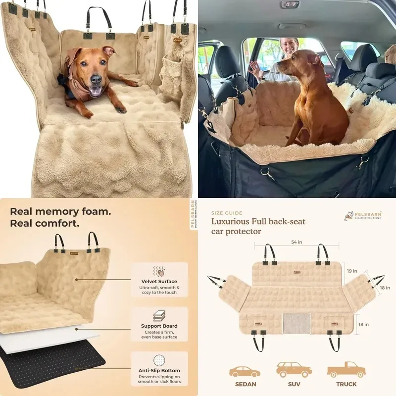for Plush dog car seat cover with hard bottom rear seat extender hammock, non-slip pet travel cover for cars, SUVs and trucks