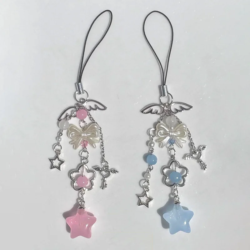 Y2K Blau Rosa Stern Charm Schlüsselflügel Schleife Anhänger Kawaii Niedlicher Engel Schlüsselanhänger Himmlischer Fairycore Schmuck Geschenk Ästhetik 2000er Jahre – Detail 1