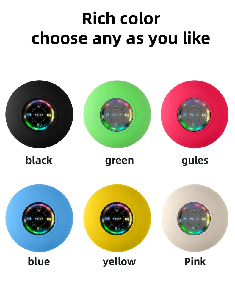 مكبر صوت بلوتوث صغير دش مضخم صوت مقاوم للماء يدوي مكبر الصوت RGB ضوء مع كوب شفط هيئة التصنيع العسكري للحمام بركة الشاطئ