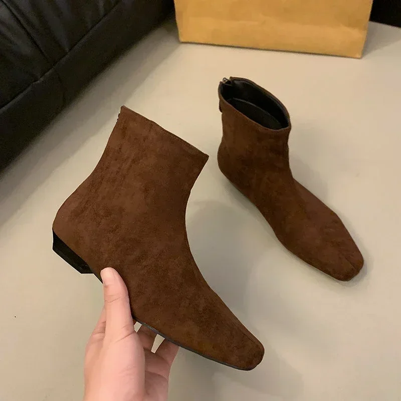 Botas de tornozelo de leopardo camurça quente sapatos femininos marca de inverno dedo do pé quadrado casual chelsea tendência botas de neve de salto baixo mujer zapatos