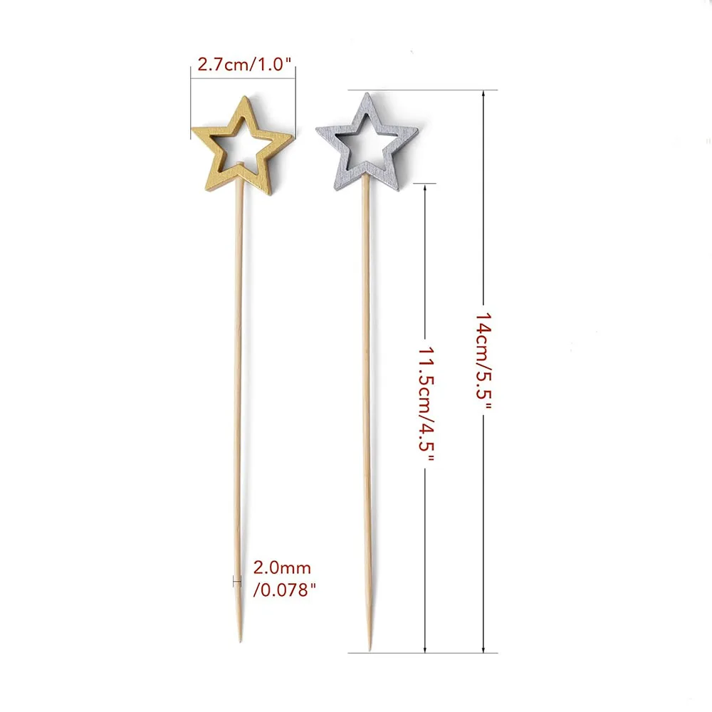 50Pcs Star Shape Bamboo Skewers Food Cocktail Picks Gold Silver Buffet Fruit Cupcake Fork Sticks Party Table Decoration Supplies