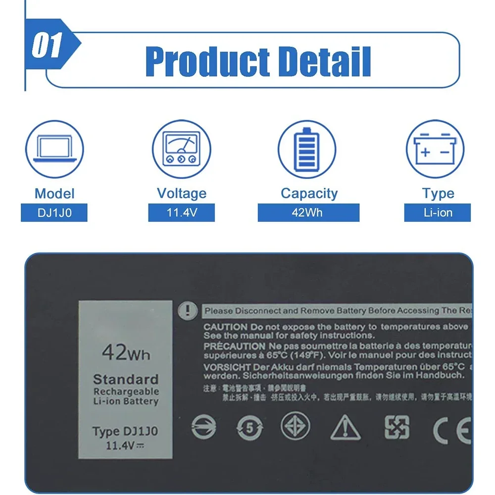 DJ1J0 Laptop Battery for Dell Latitude 7390 E7490 12 7280 E7280 7290 E7290 13 E7380 E7390 7380 14 E7480 7480 7490 11.4V 42Wh