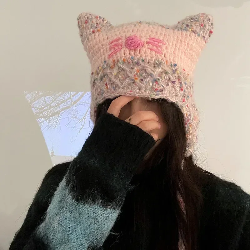 Japan Y2k Cat Ear Plush Winter Hats For Women Lovely Colorfur Star Braid Women Girls Chic White Warm Casual Cap Harajuku Cap