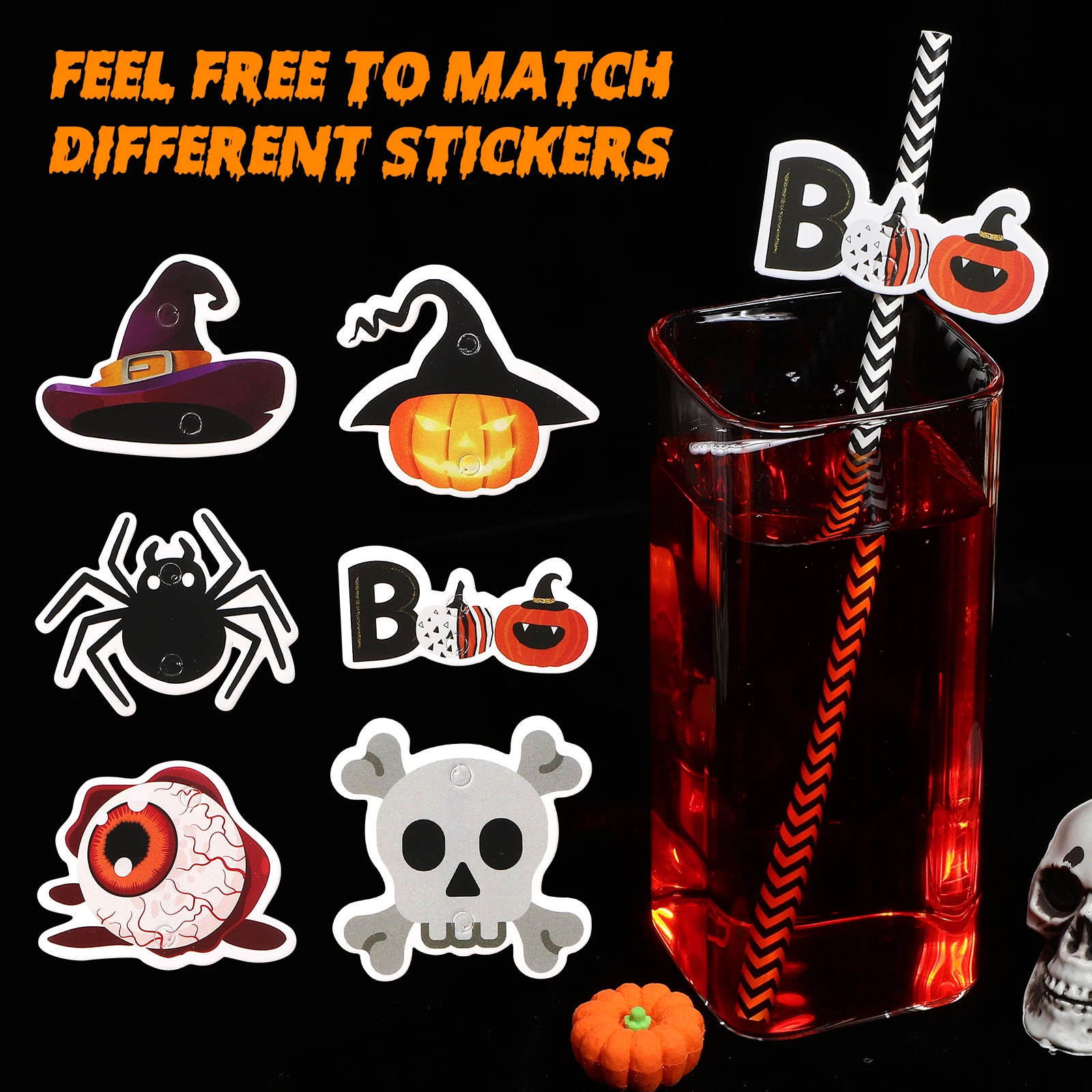 

6 Packs Halloween Decoration Straws Letter Pumpkin Spider Skull Eyeball Witch Hat Paper Drinking Straws for Party Festive Safe