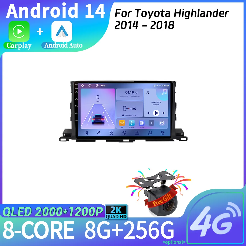 

Android 14 для Toyota Highlander 2014-2018, автомобильное радио, мультимедийная навигация, беспроводной стерео экран Carplay