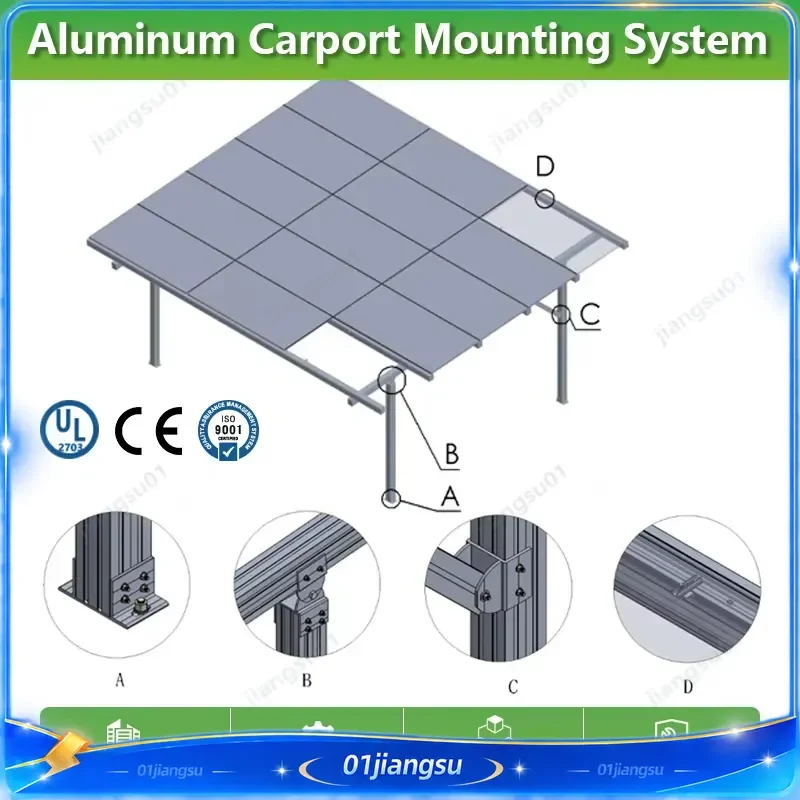 Custom Waterproof Anodized Aluminum 6005 T5 Solar Carport Structure CE ISO9001 Residential Commercial PV Mounting System