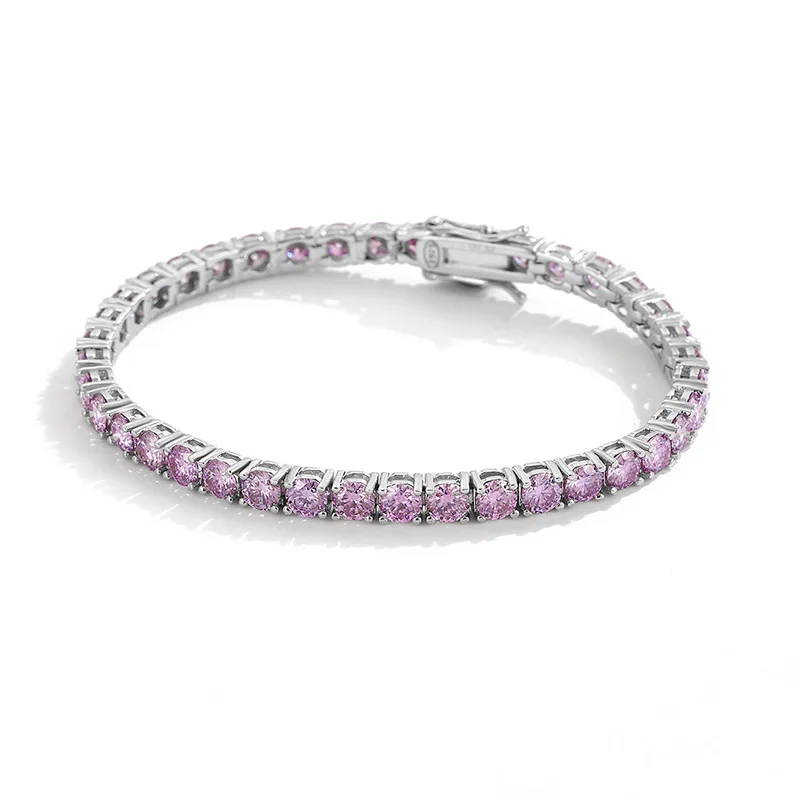 3-4mm Purple Moissanite Tennis Chain Bracelet 925 Sterling Silver Hiphop Diamond Link Bracelets Pass Tester Gift for Girls Men