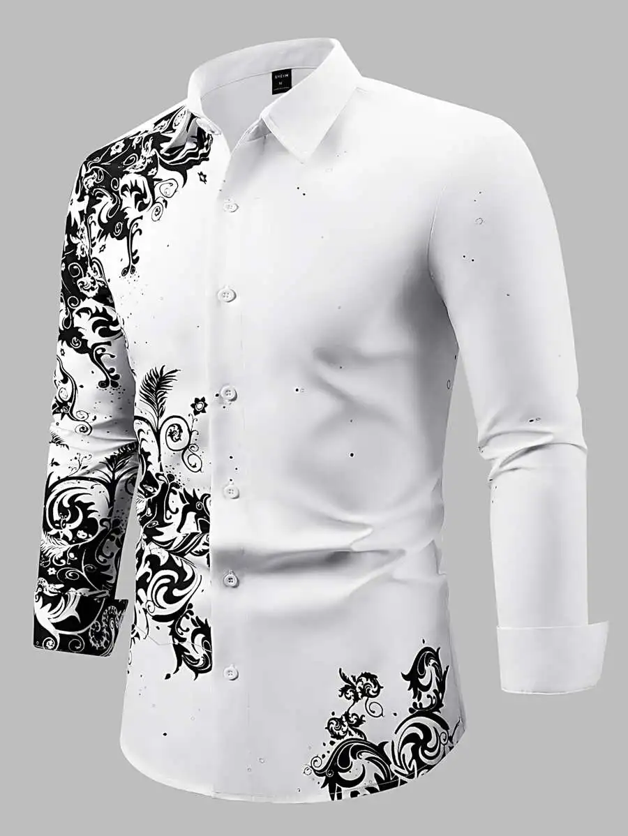 

Men's White Long Sleeve Shirt with Black Floral Scroll Print, Casual Retro Style