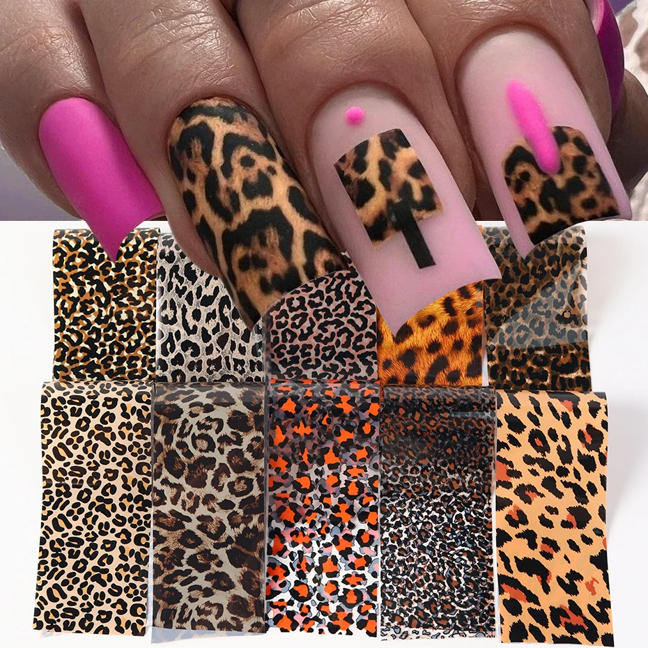 10 Rolls Leopard Print Nail Transfer Foils Warm Color Series Animal Skin Totem Nail Starry Sky Paper DIY Leopard Manicure Wraps