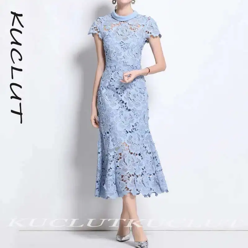 

KUCLUT Fashion New Women's Hollowed Out Three-dimensional Lace Dress High-end Elegant Holiday Solid Color Dresses Female K362