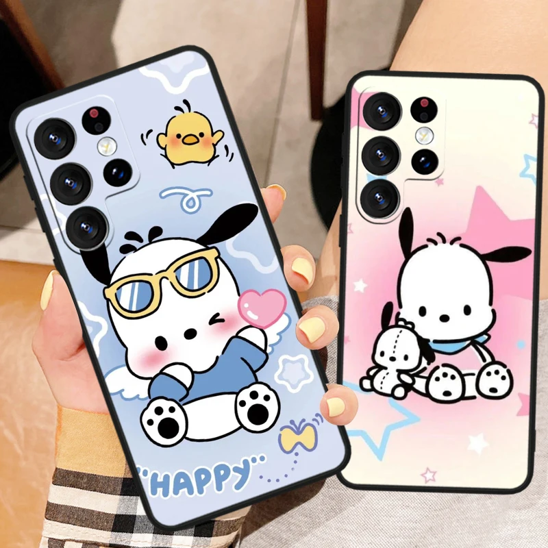 Cartoon Cute Pochacco Comic For Samsung Galaxy S24 S23 S22 S21 S20 FE S10 Ultra Plus Shockproof Soft TPU Black Phone Case