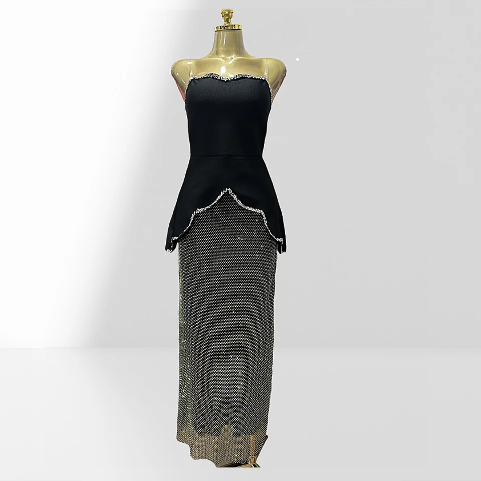 

Black Color Tuck Waist Strapless Shining Diamonds Mermaid Long Dress Woman Celebrate Birthday Party Dress Cocktail Party Outfit