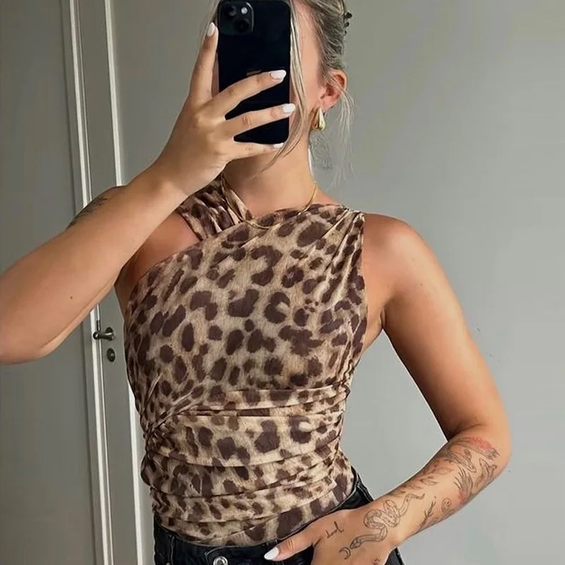 European and American style women's new leopard print asymmetrical slim pleated mesh one-piece shorts