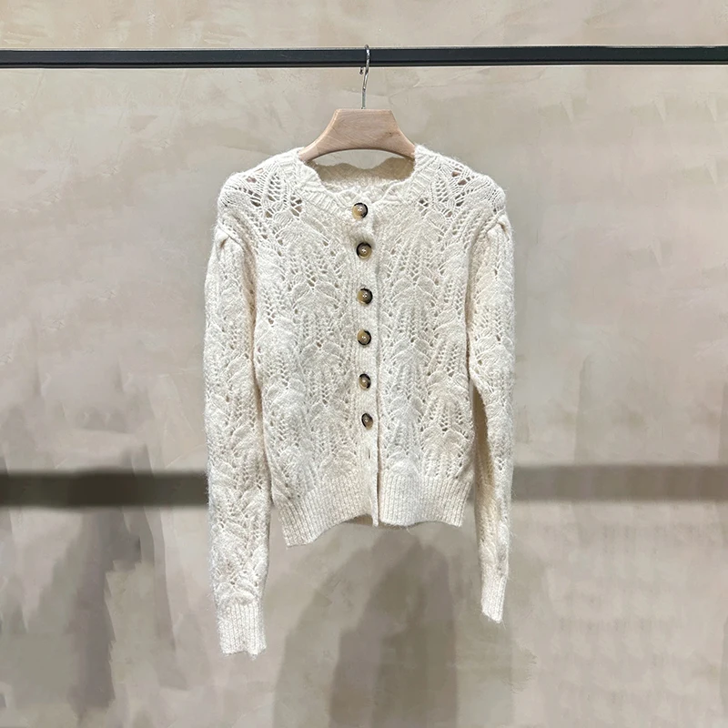 

Handmade Crochet Hollow Flower Pattern Single Button round Ne Open Cardigan Women's Sle Commute Long Sve Warmth Heatin...