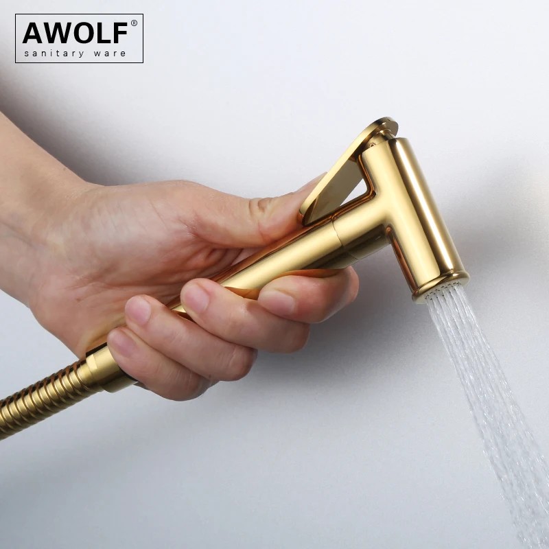 Awolf Titanium Gold Polishing Solid Brass Handheld Toilet Bidet Sprayer Set Hygienic Shower Head Angle Valve Anal Shower AP2264