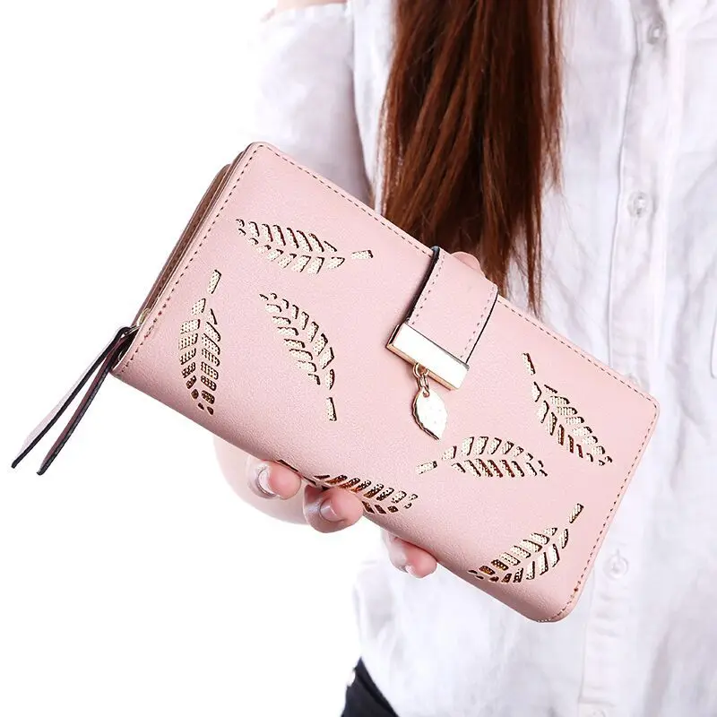 Women\'s Fashion Long Zipper Wallets   PU Leather Hollow Leaves Pouch  Handbag   Multi-layer Phone Bag Coin Purse Cards Holder