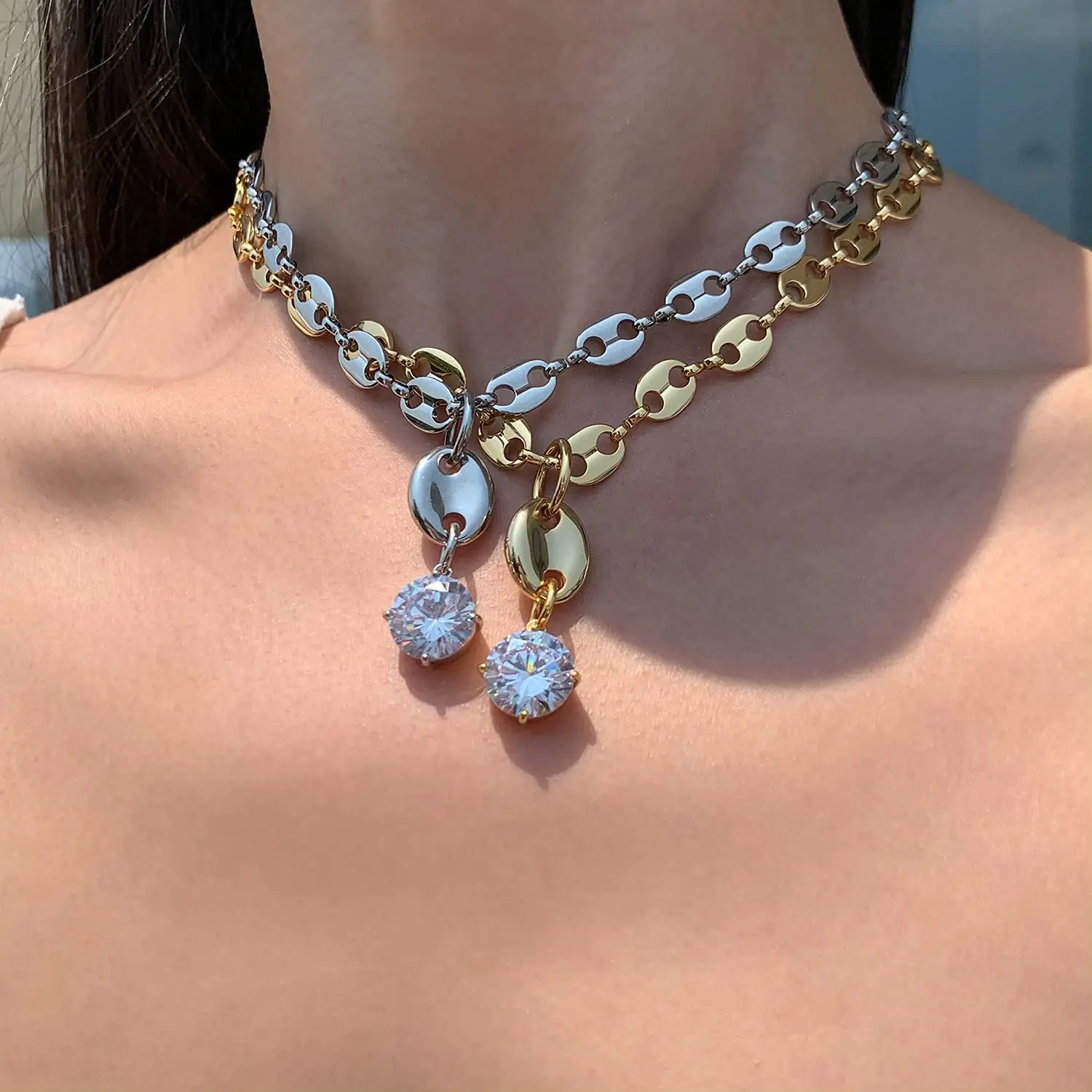 USENSET Stainless Steel Coffee Bean Pig Nose Necklace Earring for Women Shiny Gold Color Zircon Pendant Cute Jewelry Set