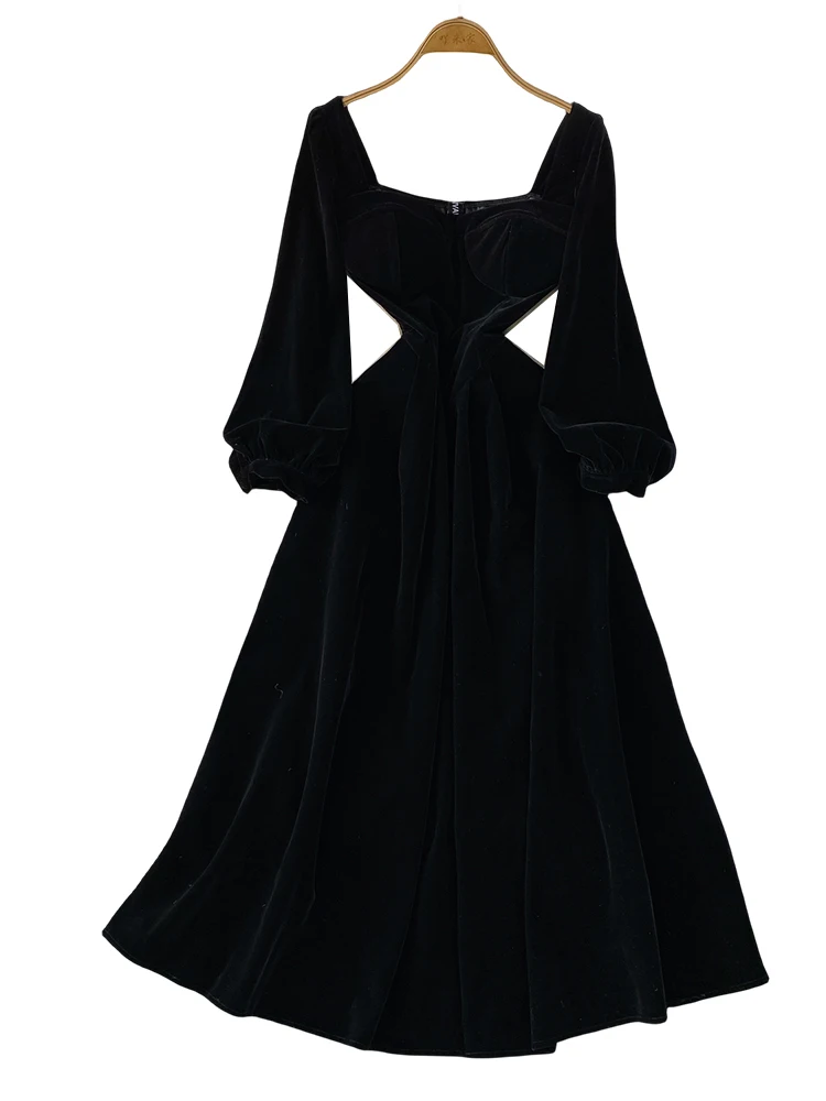 Ele cuello cuadrado linterna Sve Dr mujer Otoño Invierno boda Dr adelgazante largo Dr cintura alta A-Line falda