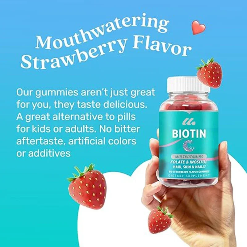 Biotin gummies contain a variety of vitamins, folate, and inositol - supporting hair growth, healthy skin, and nails