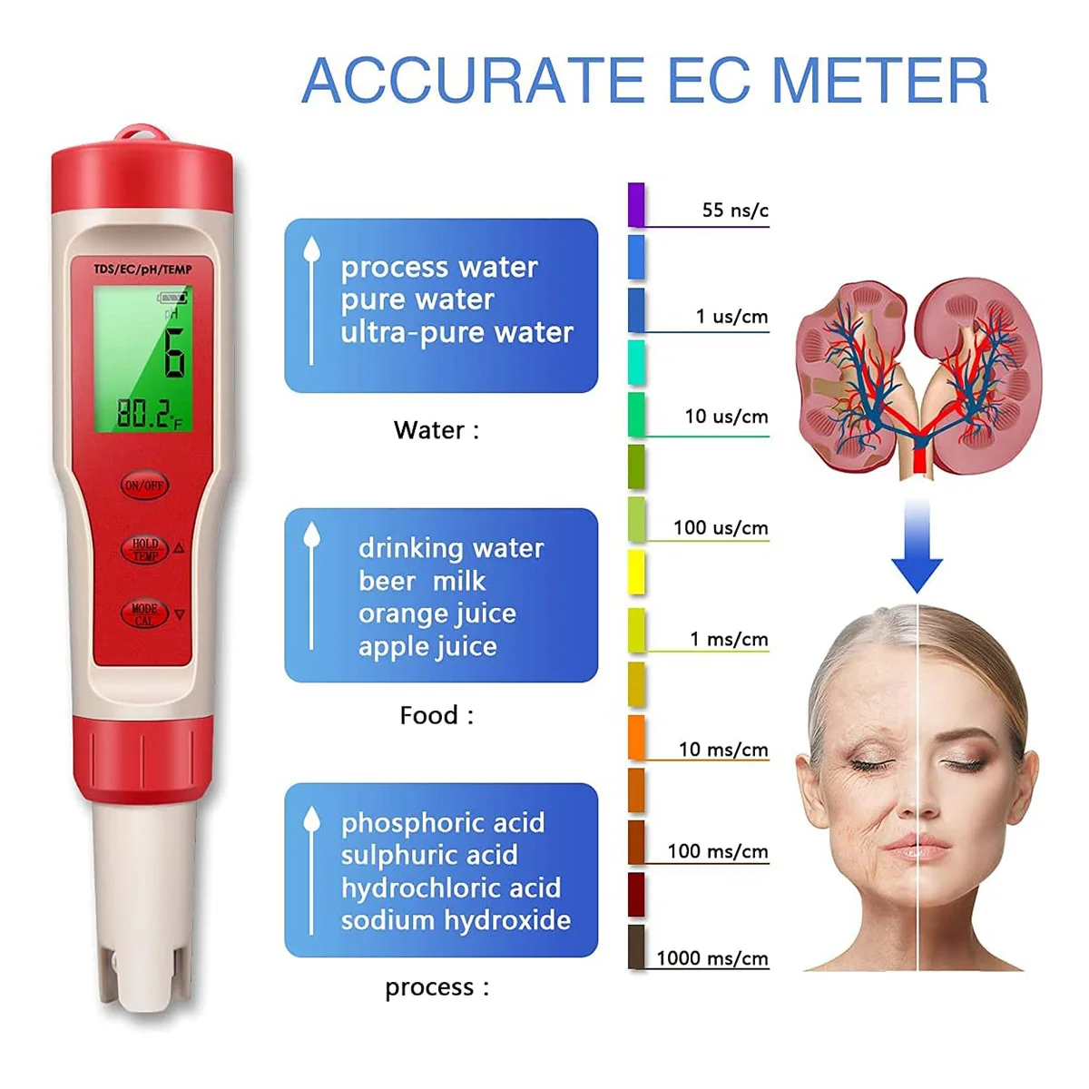 PH Meter, 4-In-1 Digital PH Meter with PH/TDS/EC/Temp Function with ATC for Drinking Water, Hydroponics, Aquarium, Pool