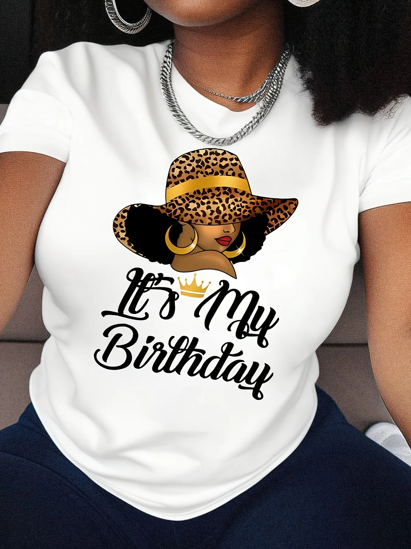 

Plus SizeLeopard Hat Birthday Printed T-shirt, Casual Short Sleeve round Neck Top Spring and Summer, Women's Clothing