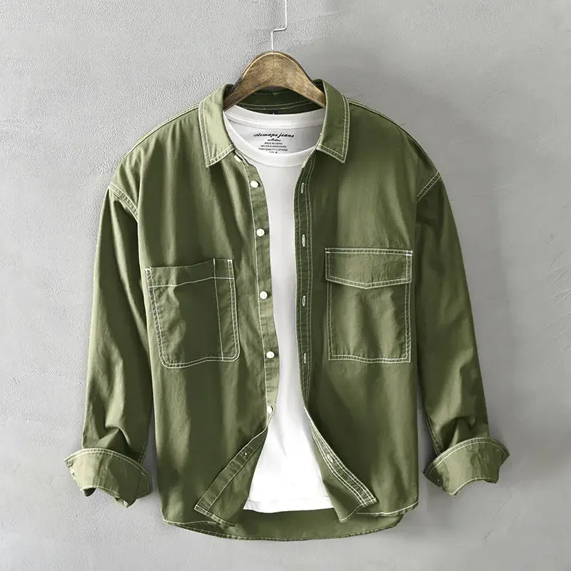 

Japanese Style Vintage Pure Cotton Cardigan 2023 Spring Autumn Harajuku Safari Jacket Loose Casual Tops Men All-match Shirts Q27