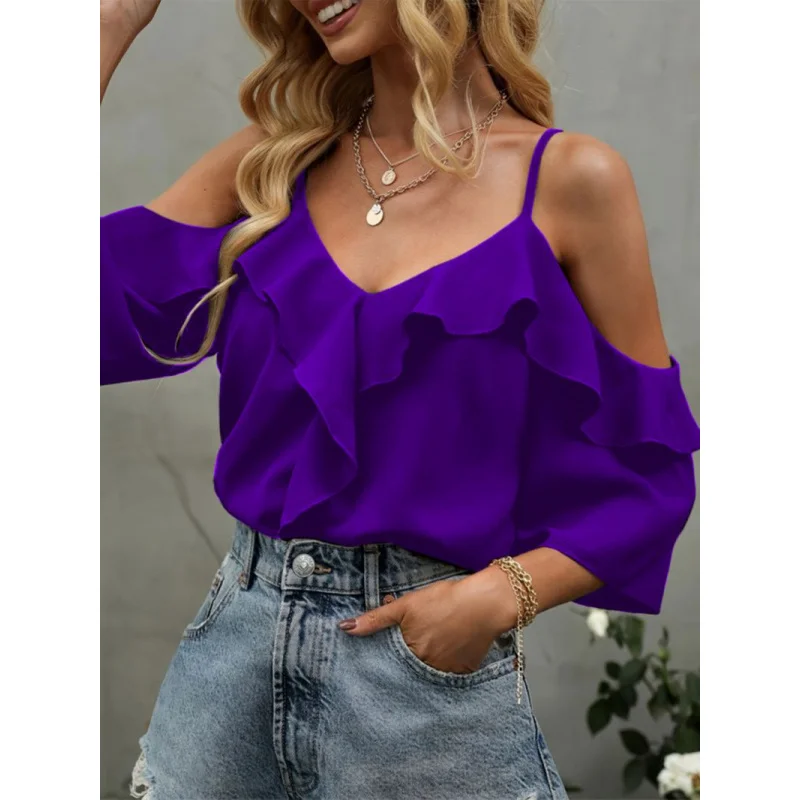 

Новый летний фиолетовый топ с открытыми плечамиVСексуальный повседневный топ с короткими рукавами и рюшами