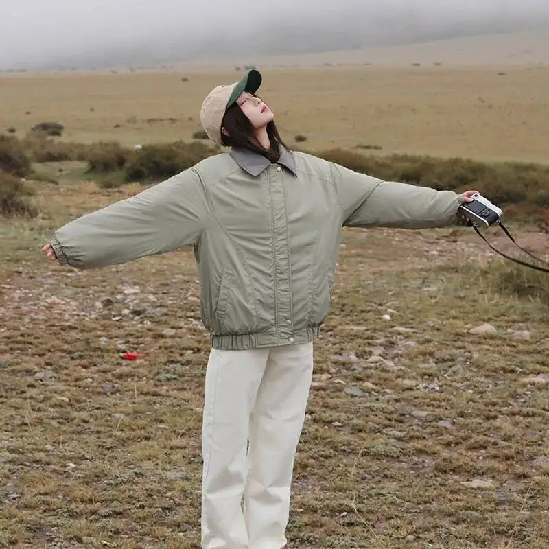 

Winter American Retro Bomber Jacket For Women Simple Warm Turn Collar Down Cotton Outerwear Haruku Thin Baseball Coat