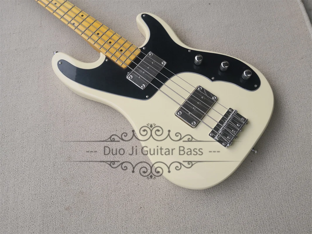 Cream Bass 4 strings bass guitat Basswood Body Yellow Maple Neck Black Pickguard Fixed Bridge Big Pickups