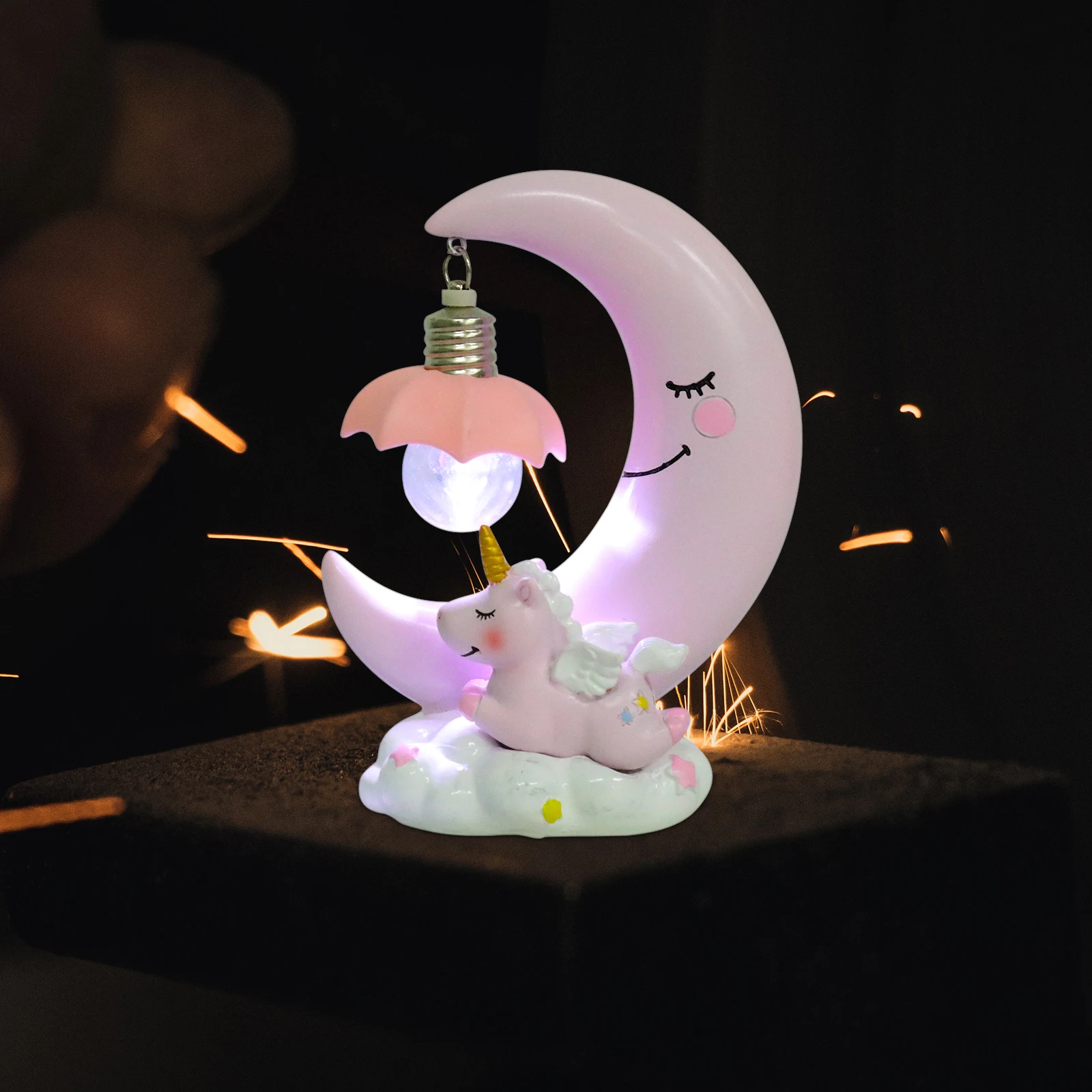 

Resin Night Lamp Unicorn Moon Shape Bedside Lamp Ornament Gift For Bedroom Living Room Cartoon Light Durable