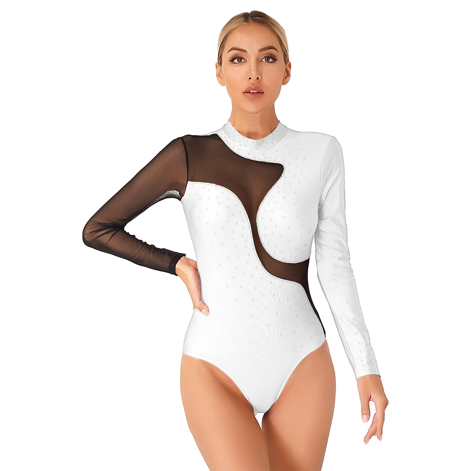 Womens Skinny Dance Dress Mesh Patchwork Long Sleeve Bodysuit Leotard for Latin Rhythmic Gymnastics Figure Skating Competition