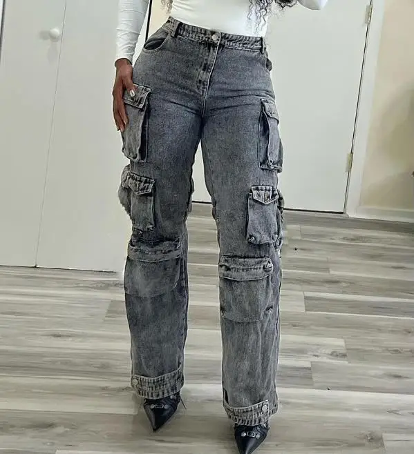 

Women's Jeans Summer New Style Personalized Trend High Street Style Gradually Changing Color Denim High Waist Multi Pocket Jeans