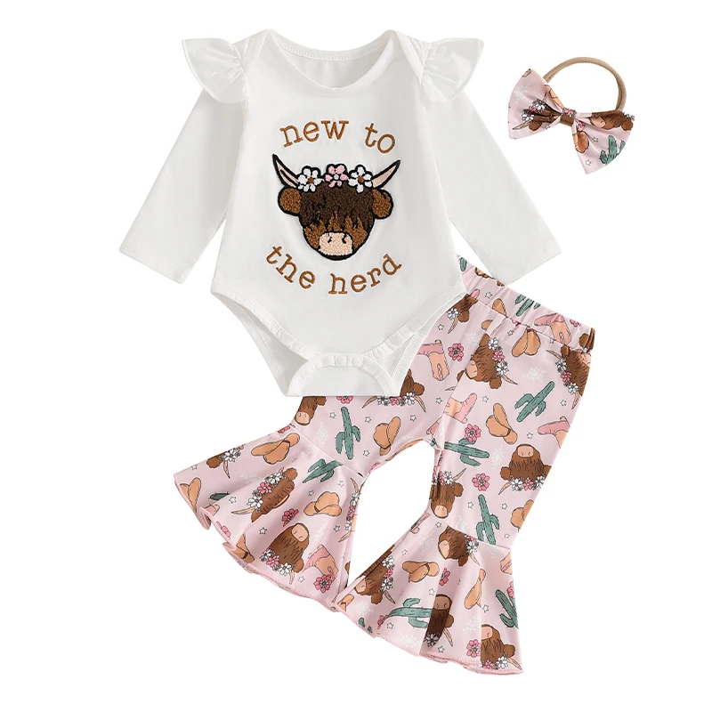 

Baby Girls Fall Outfits with Bow Headband Farm Elements Crew Neck Long Sleeve Rompers with Flared Pants 3 Pcs Set