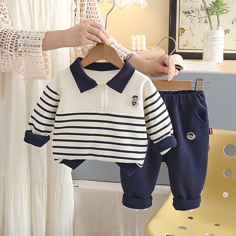 Toddler Boys 2 Piece Fall Outfit Cartoon Bear Striped Half Zip Polo Sweatshirt & Elastic Cuff Jogger Pants Kids Casual Tracksuit