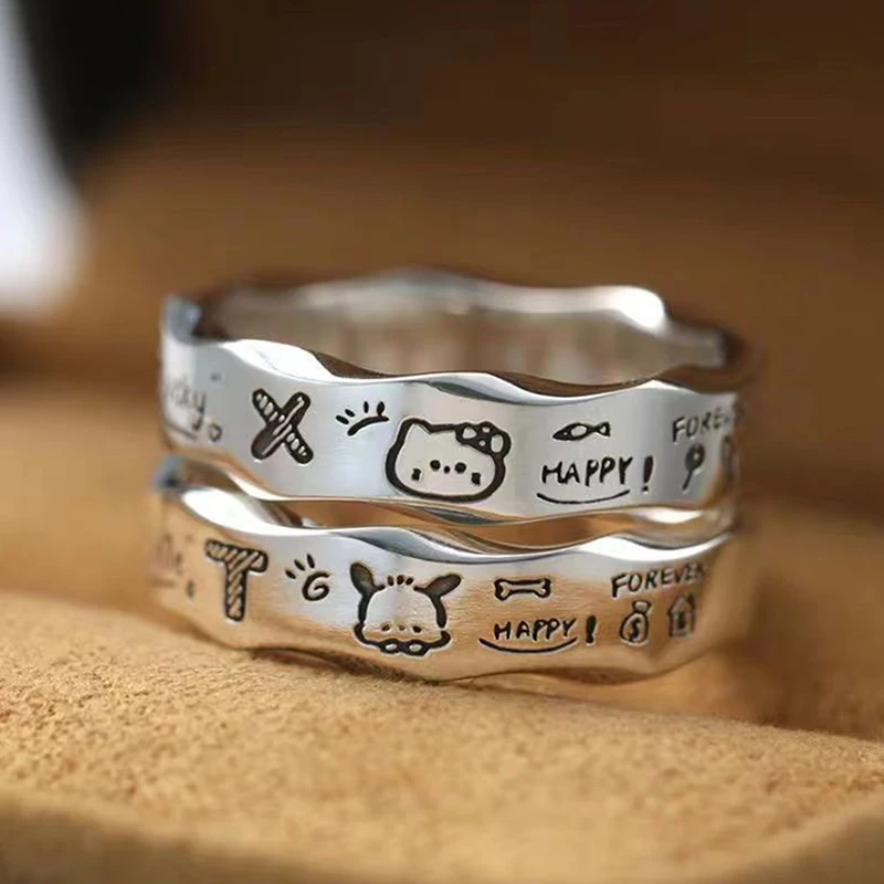 Bonito Sanrio Olá Kitty Pochacco Anel, Desenhos Animados, Casal Versátil Anéis, Graffiti Minimalista, Anéis de Borda Ondulada, Requintado Presente Da Moda